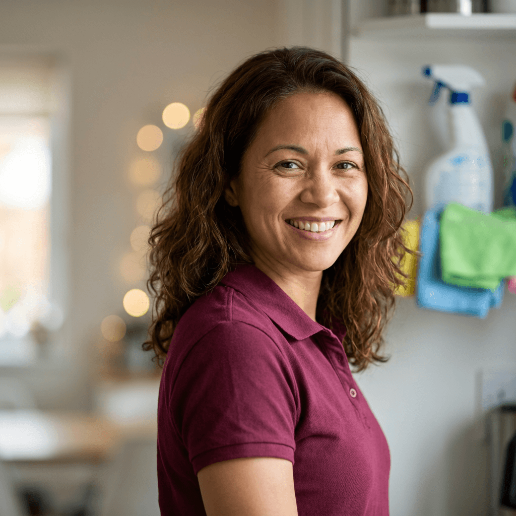 Woman in a navy polo crouching beside a car and cleaning the doorjamb with a detailing brush