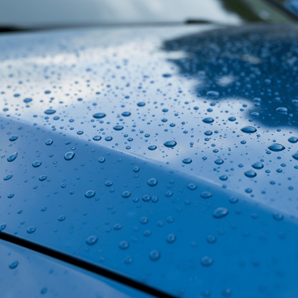 Water beading on a freshly waxed blue sedan