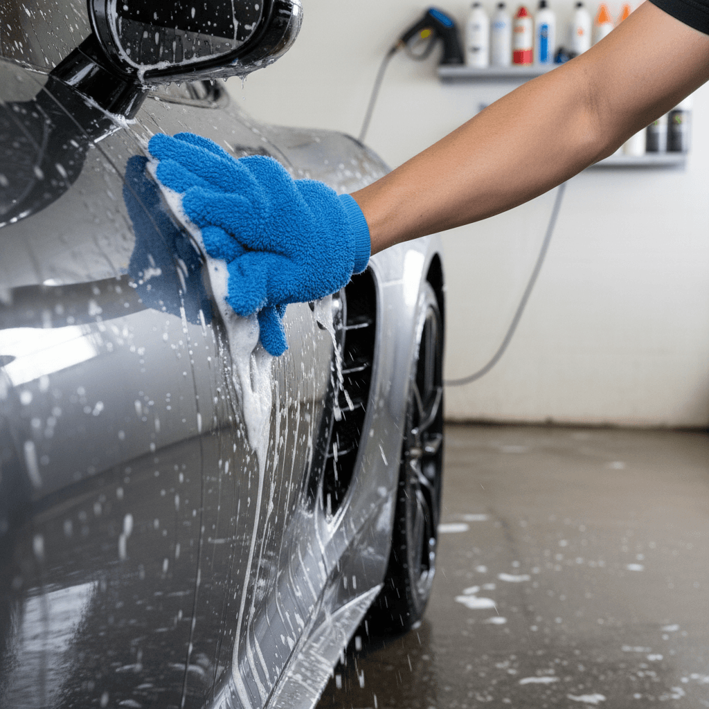 Technician washing a car exterior with a mitt