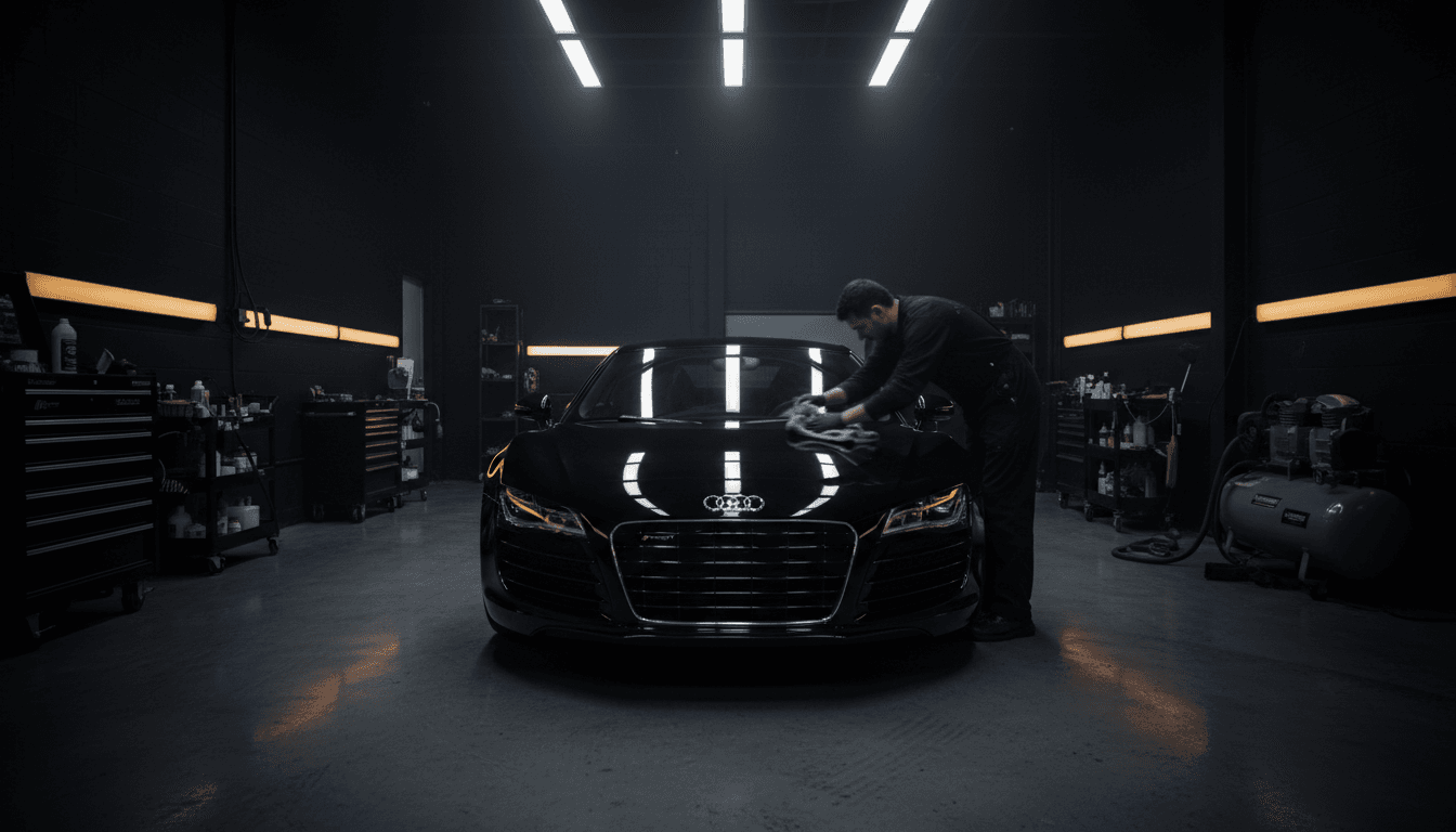 Detailer polishing a car hood in a professional detailing bay