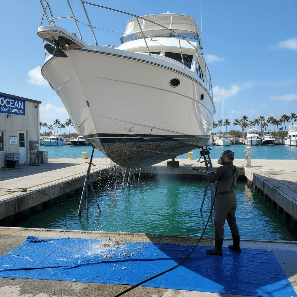 Boat hull being cleaned at a marina