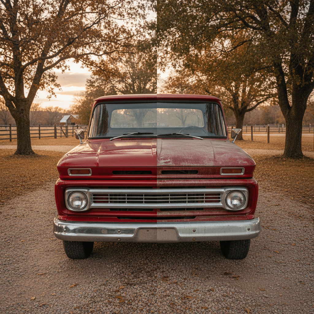 Red pickup truck half polished showing paint correction