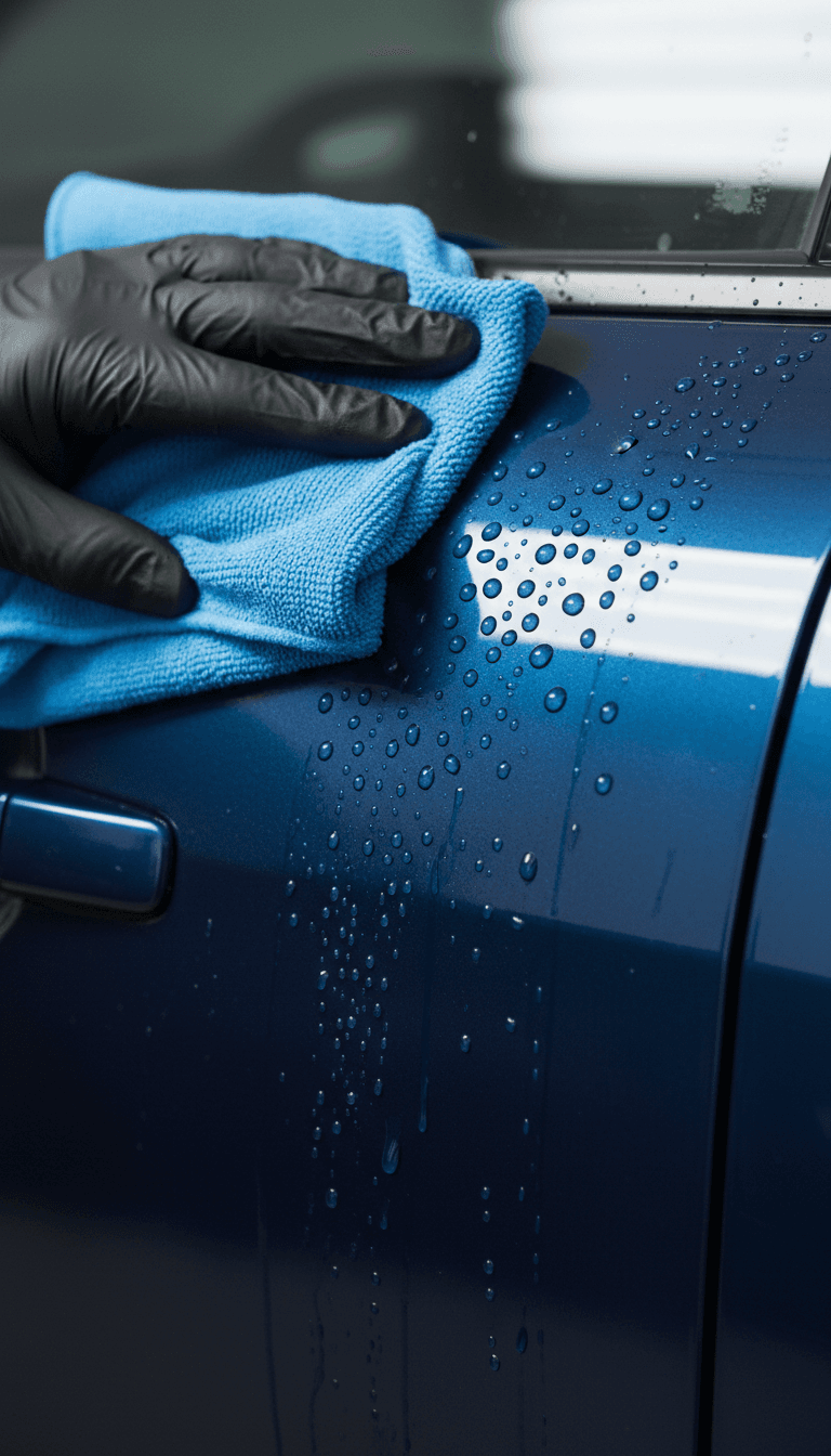 Microfiber cloth wiping a car door panel