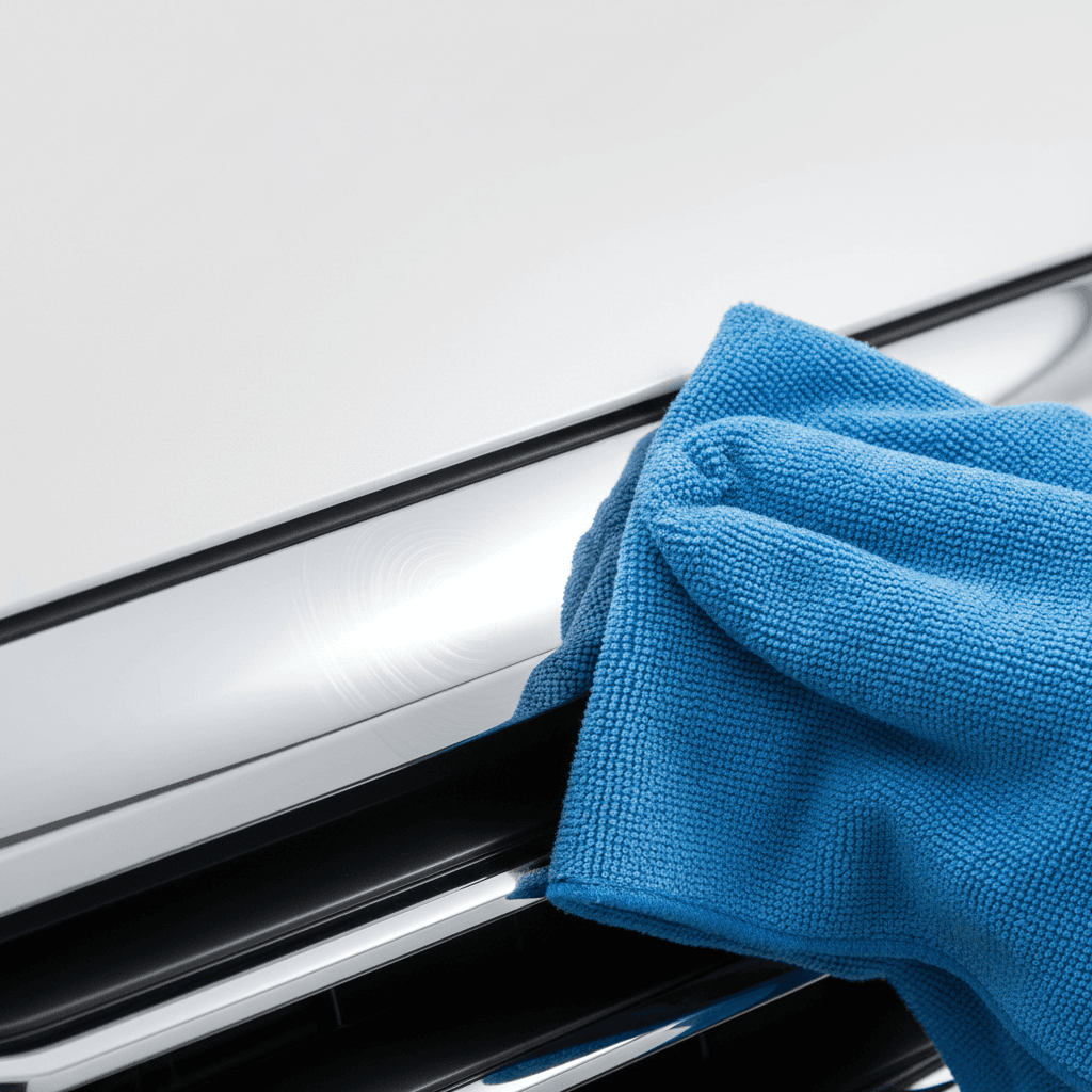 Buffing chrome trim on a white SUV