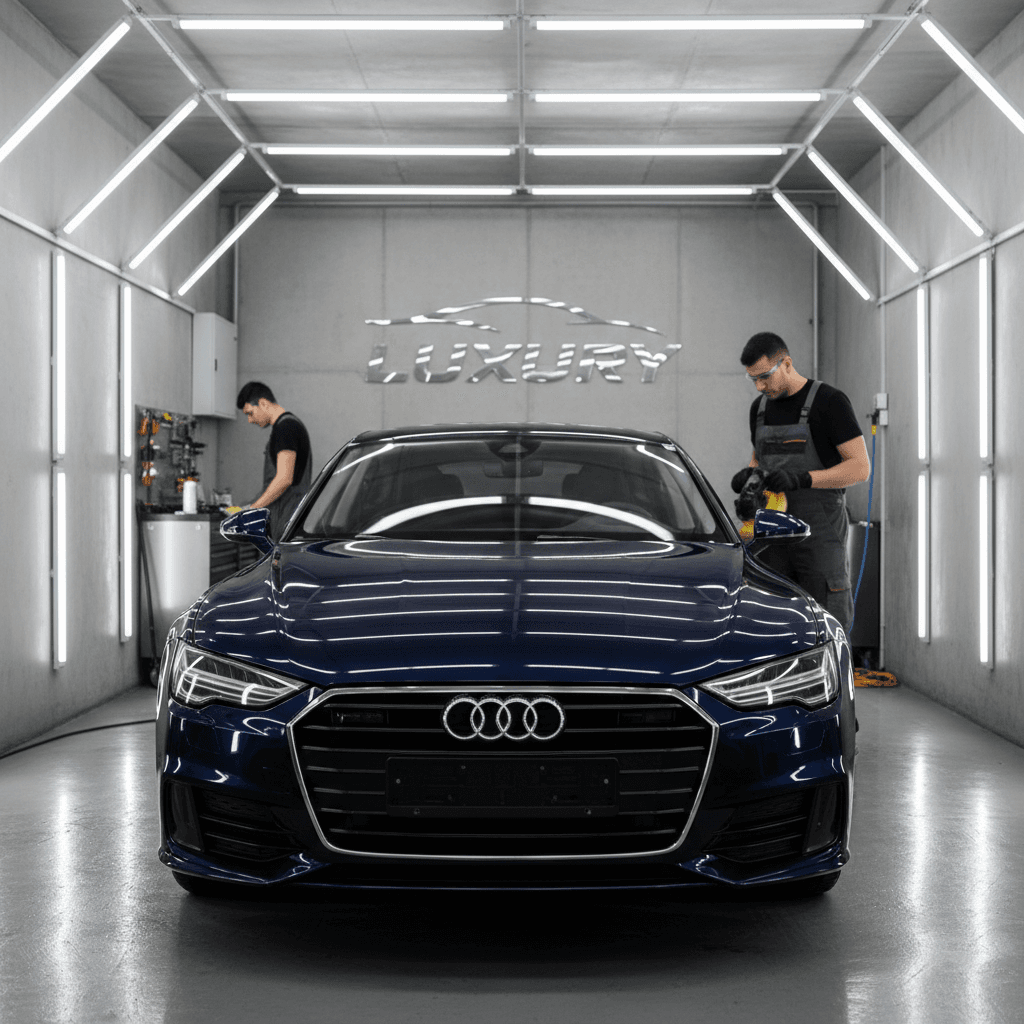Polished dark sedan gleaming in a professional detailing bay