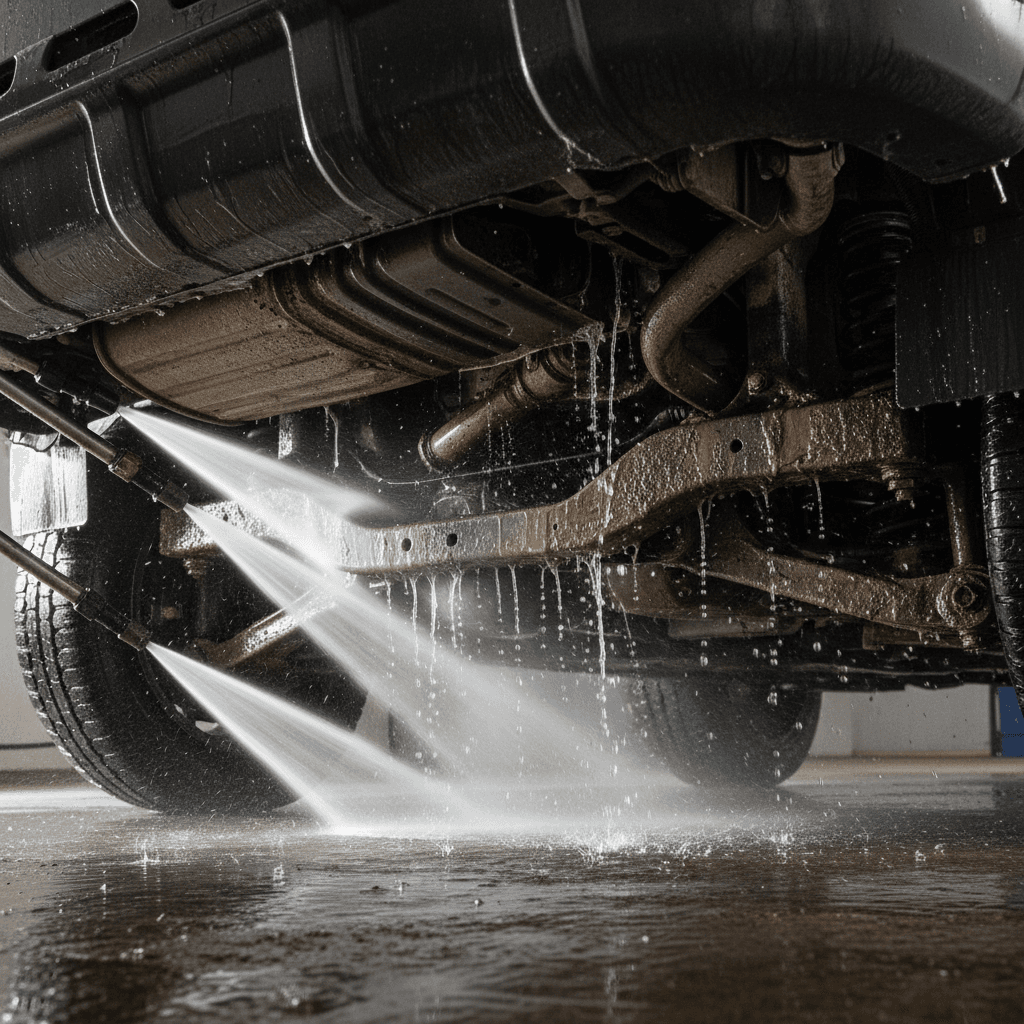 Undercarriage being sprayed with water to remove salt