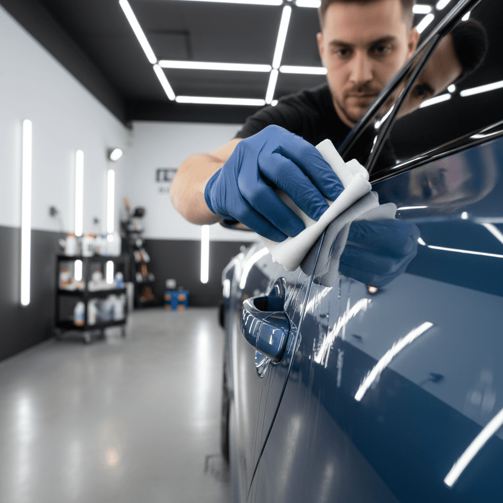 Technician applying ceramic coating to a car door panel