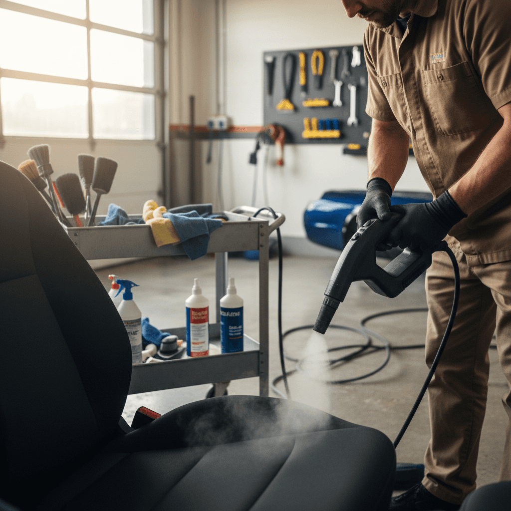 Detailer steam cleaning a fabric car seat