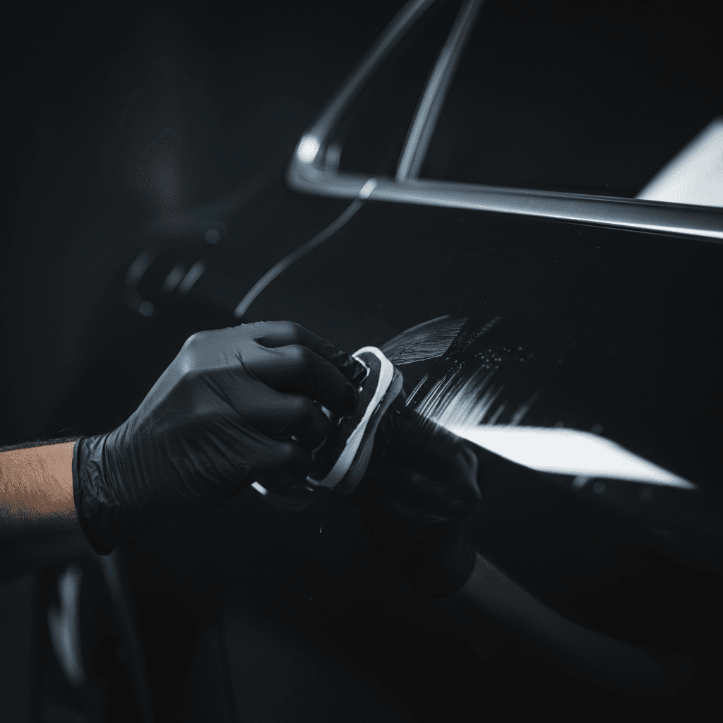 Detailer applies ceramic coating to a black car door