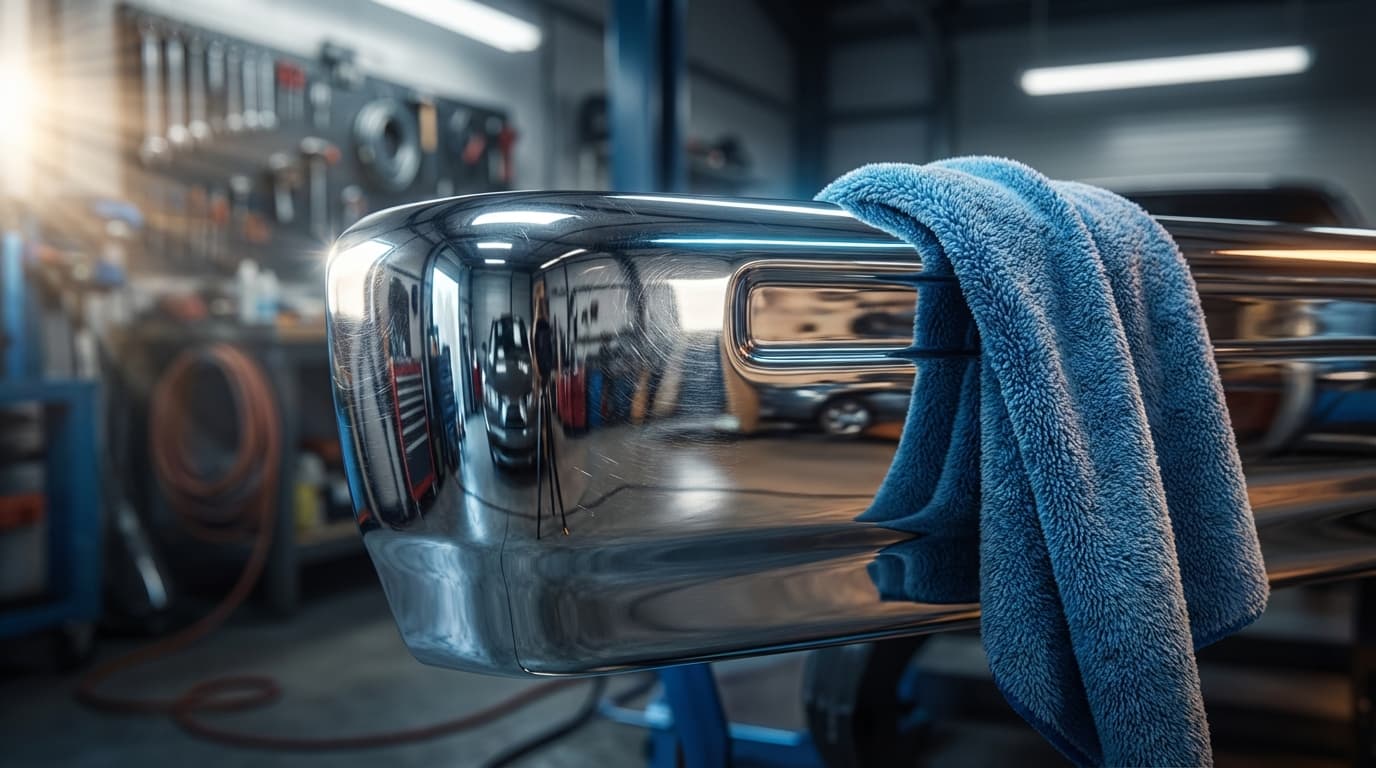 Microfiber cloth polishing a glossy black car hood with a reflection