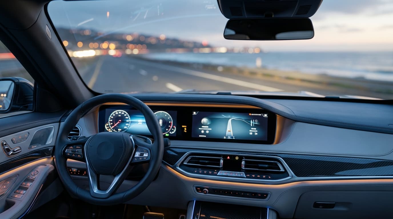 Car dashboard with sunlight cutting across leather steering wheel