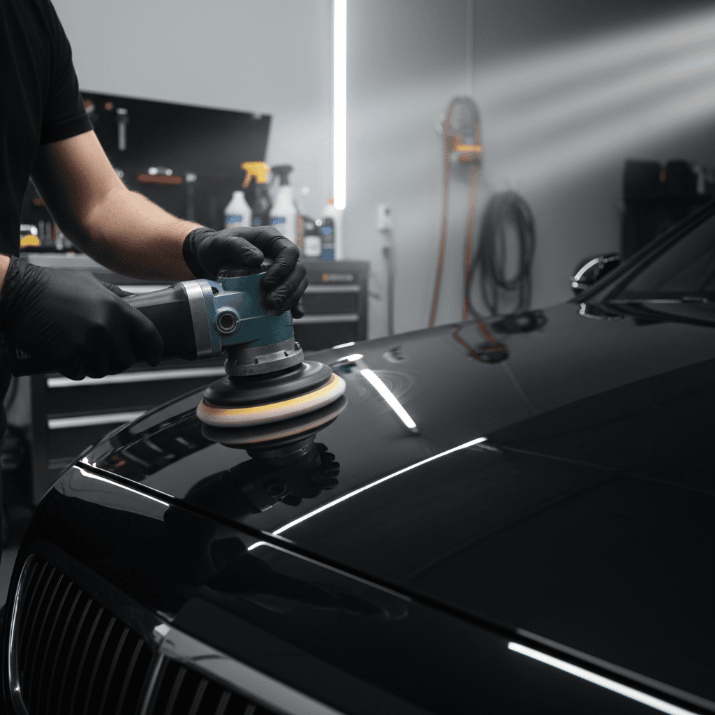 Close-up of a hand in a microfiber cloth buffing a dark car hood to a mirror shine in a dimly lit workshop