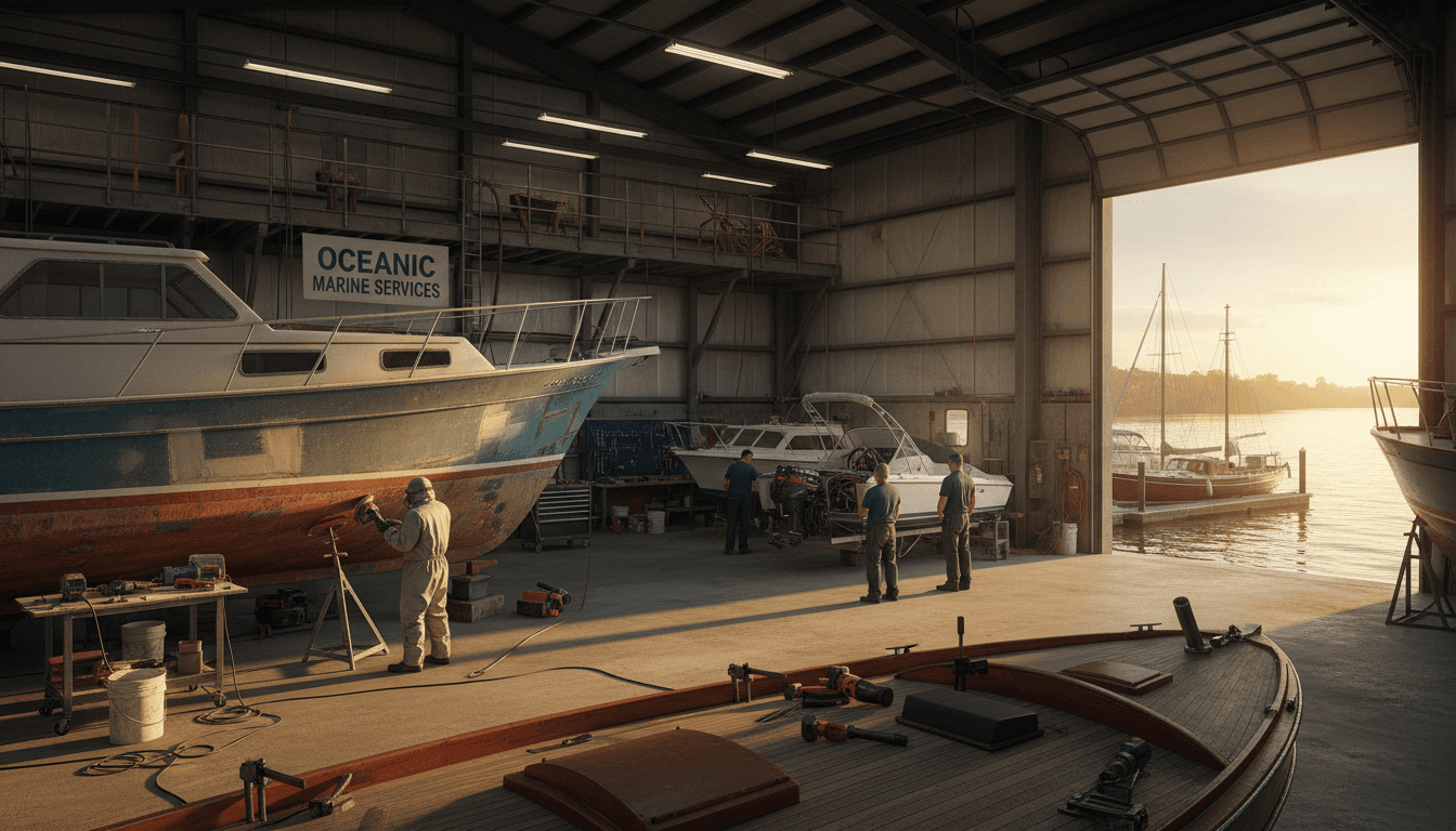 Boat detailing with technician washing the hull in a professional bay