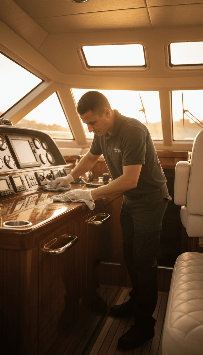 Technician detailing power boat cabin interior in golden afternoon light, polishing wood trim and chrome fixtures