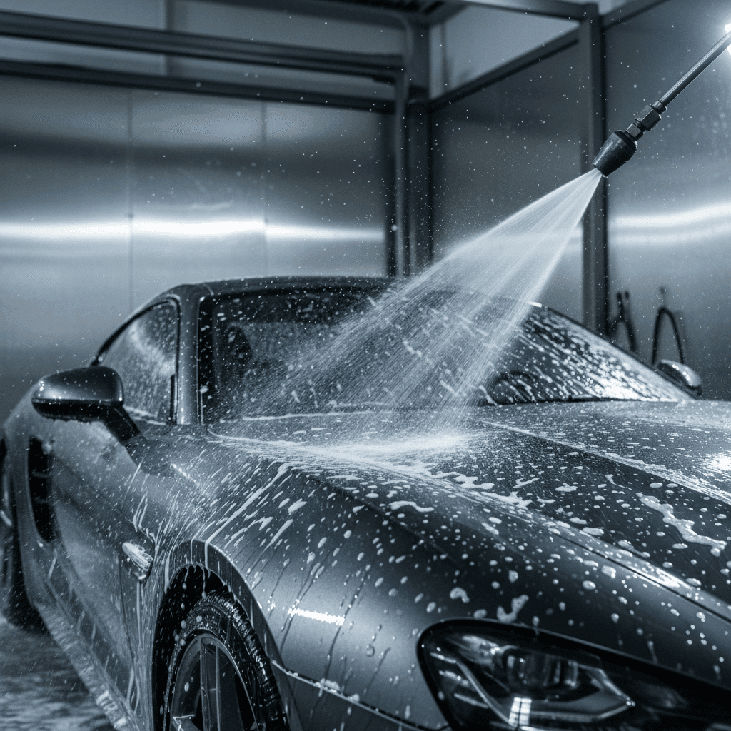 Close-up of undercarriage pressure washing to remove road salt and grime