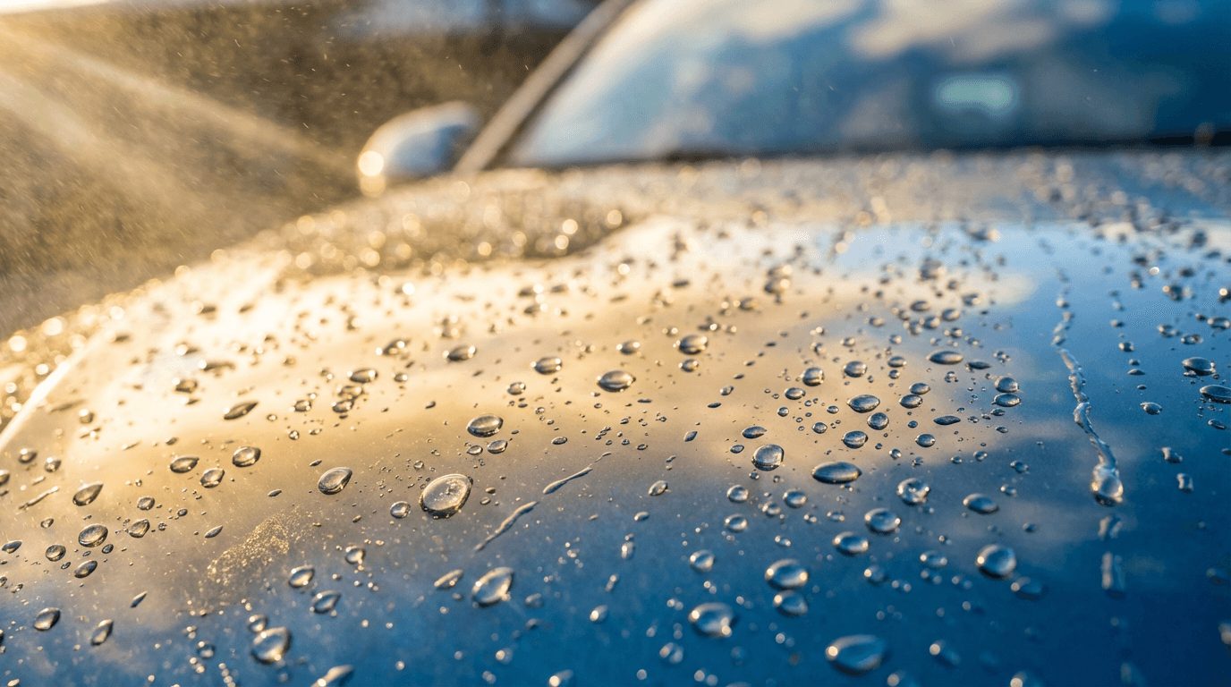 Microfiber cloth polishing a glossy black car hood in natural sunlight