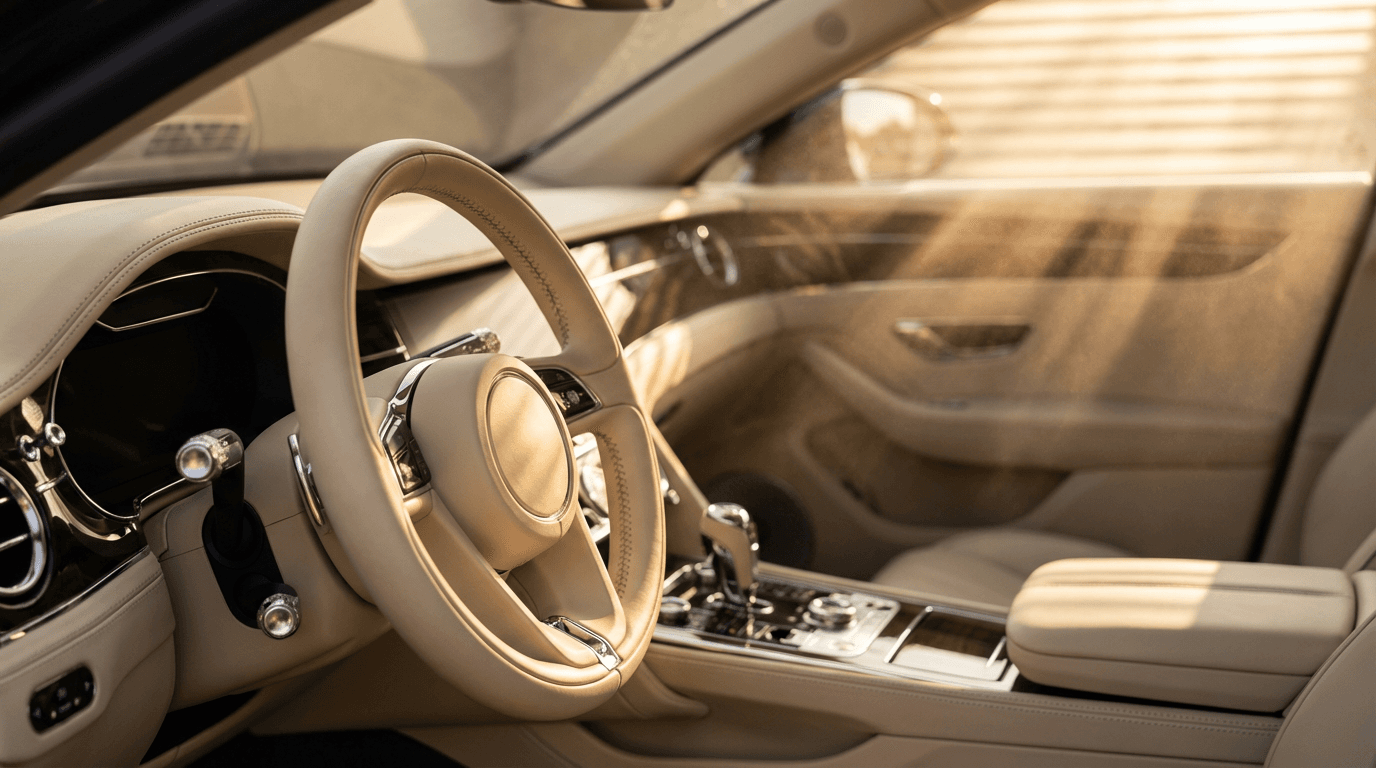 Bright car interior with technician cleaning doorjambs and dashboard
