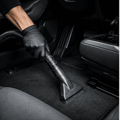 Gloved hand using a vacuum brush attachment to clean a black car floor mat.