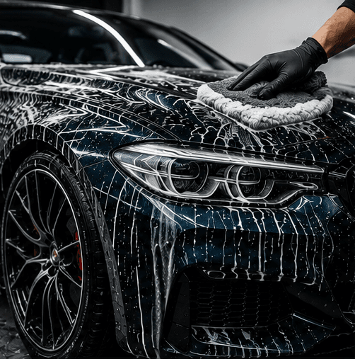 Gloved hand scrubbing a soapy dark luxury car using a gray microfiber wash mitt.