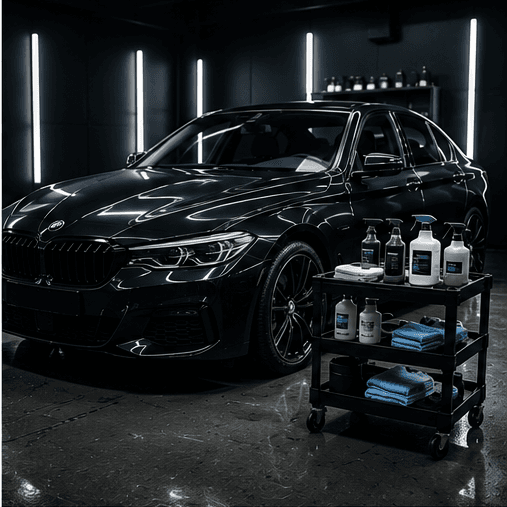 Polished black BMW sedan in a professional detailing studio with a cart of cleaning supplies.