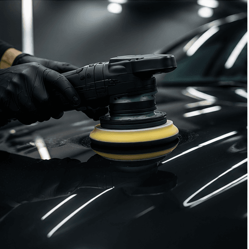 Hands in black gloves using a yellow rotary polisher on a glossy black car hood.