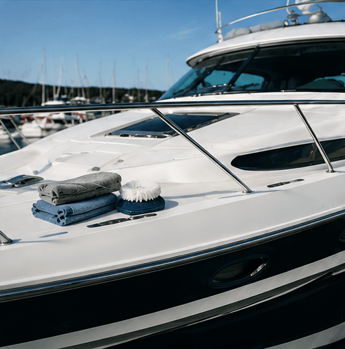 Folded towels and a cleaning brush on the deck of a white luxury yacht.
