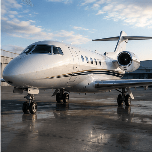Sleek white private jet parked on a wet tarmac under a bright blue sky.