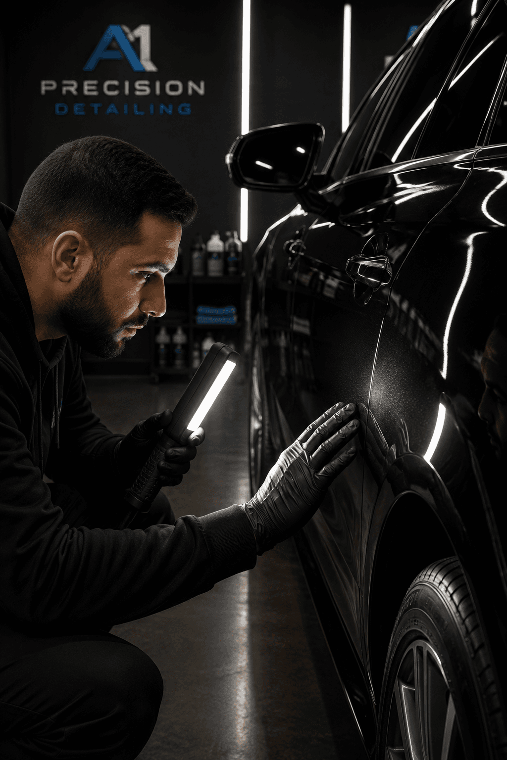 A professional detailer inspects a black car's paint finish using a handheld inspection light.