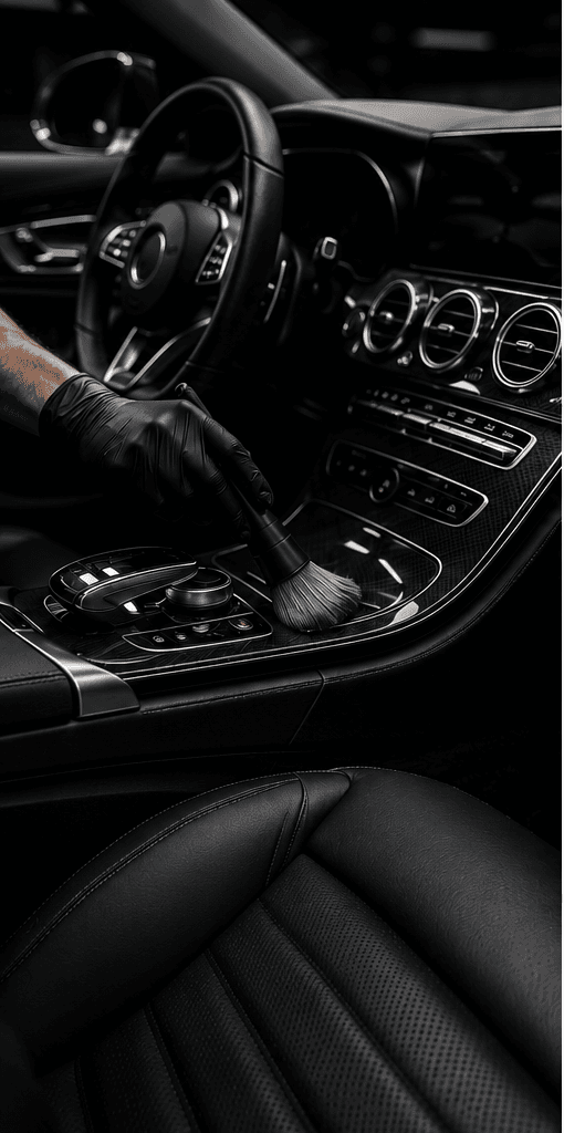 Gloved hand using a soft detailing brush to clean a luxury car's center console.
